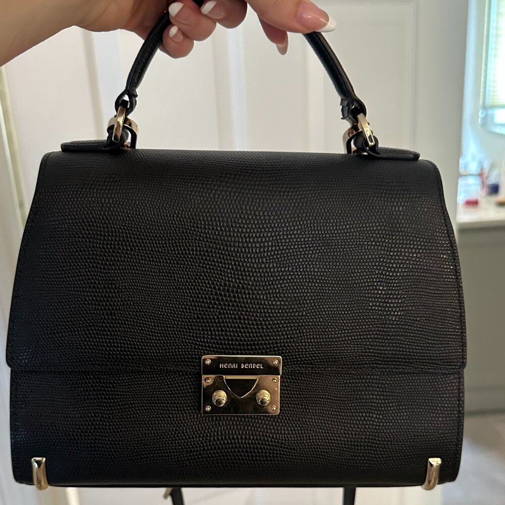 Henri Bendel Black Waldorf Top Handle Satchel with Gold Details